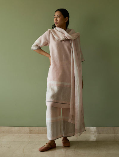 Iva Pleated Border Linen Kurta Set-Blush