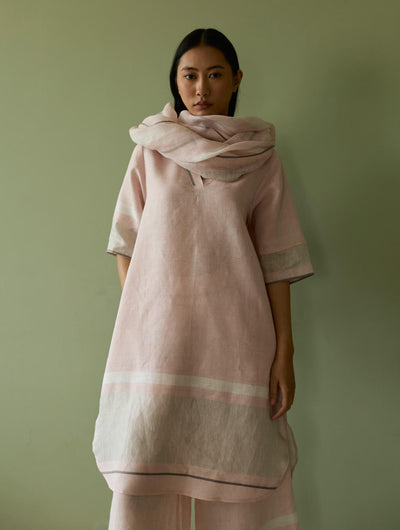 Iva Pleated Border Linen Kurta Set-Blush