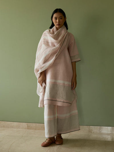 Iva Pleated Border Linen Kurta Set-Blush