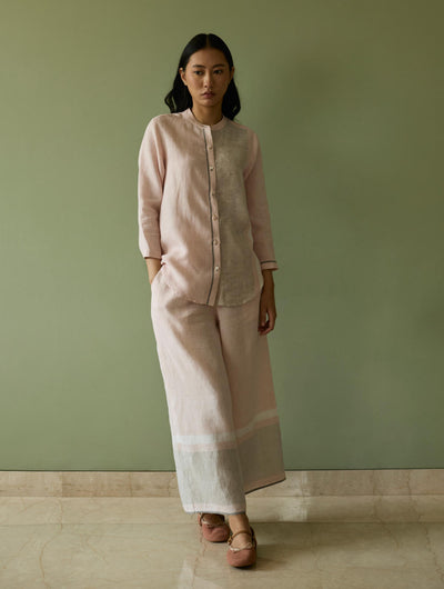 Iva Pleated Border Linen Kurta-Blush
