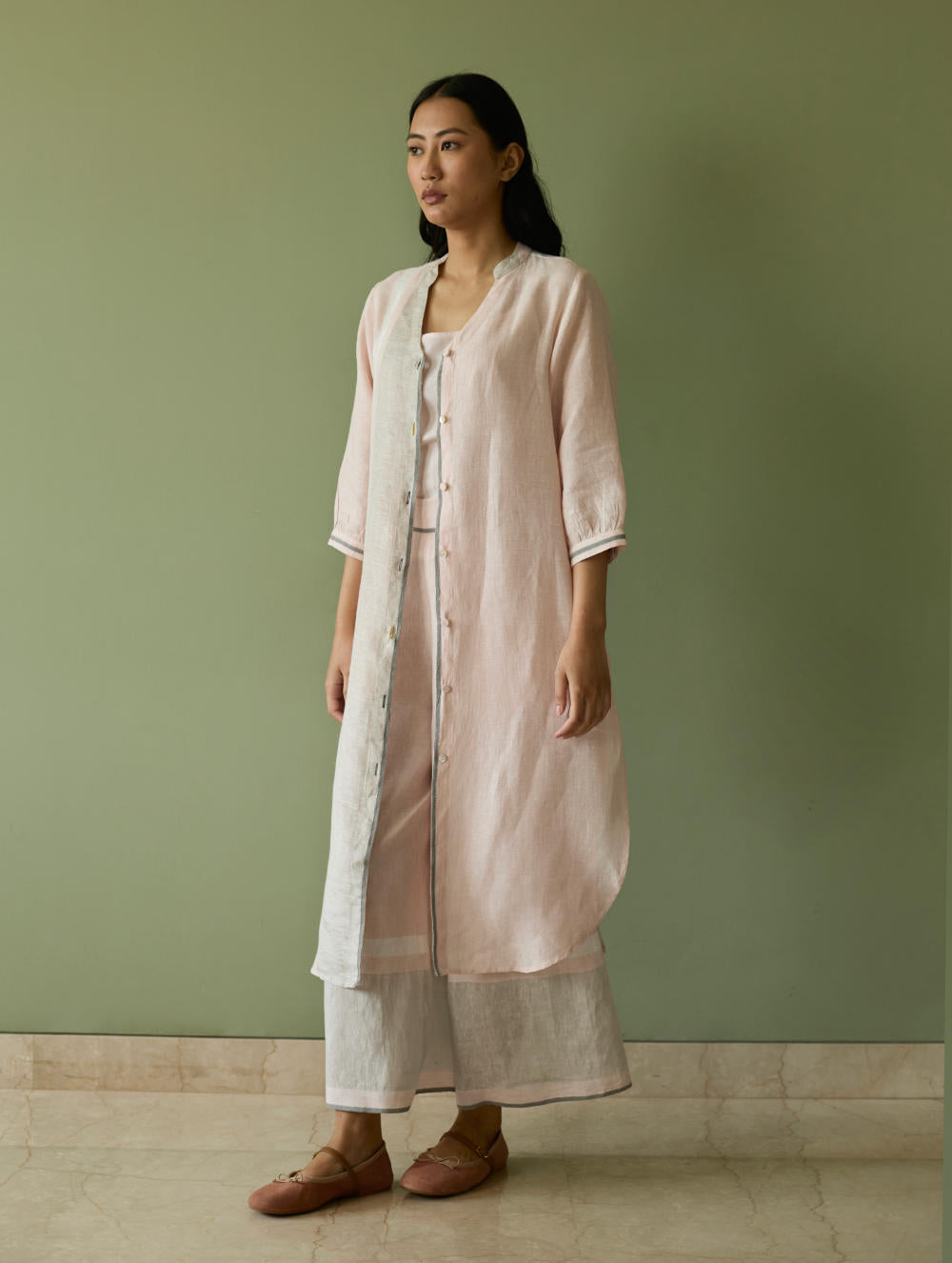 Mori Border Linen Shirt Kurta-Blush