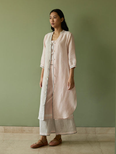 Mori Border Linen Shirt Kurta-Blush