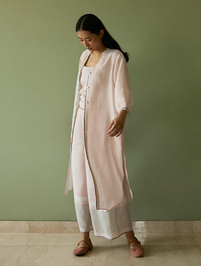 Mori Border Linen Shirt Kurta-Blush