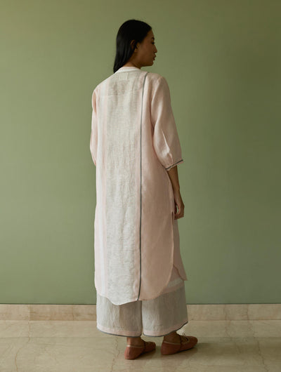 Mori Border Linen Shirt Kurta Set-Blush
