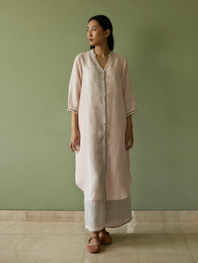 Mori Border Linen Shirt Kurta-Blush