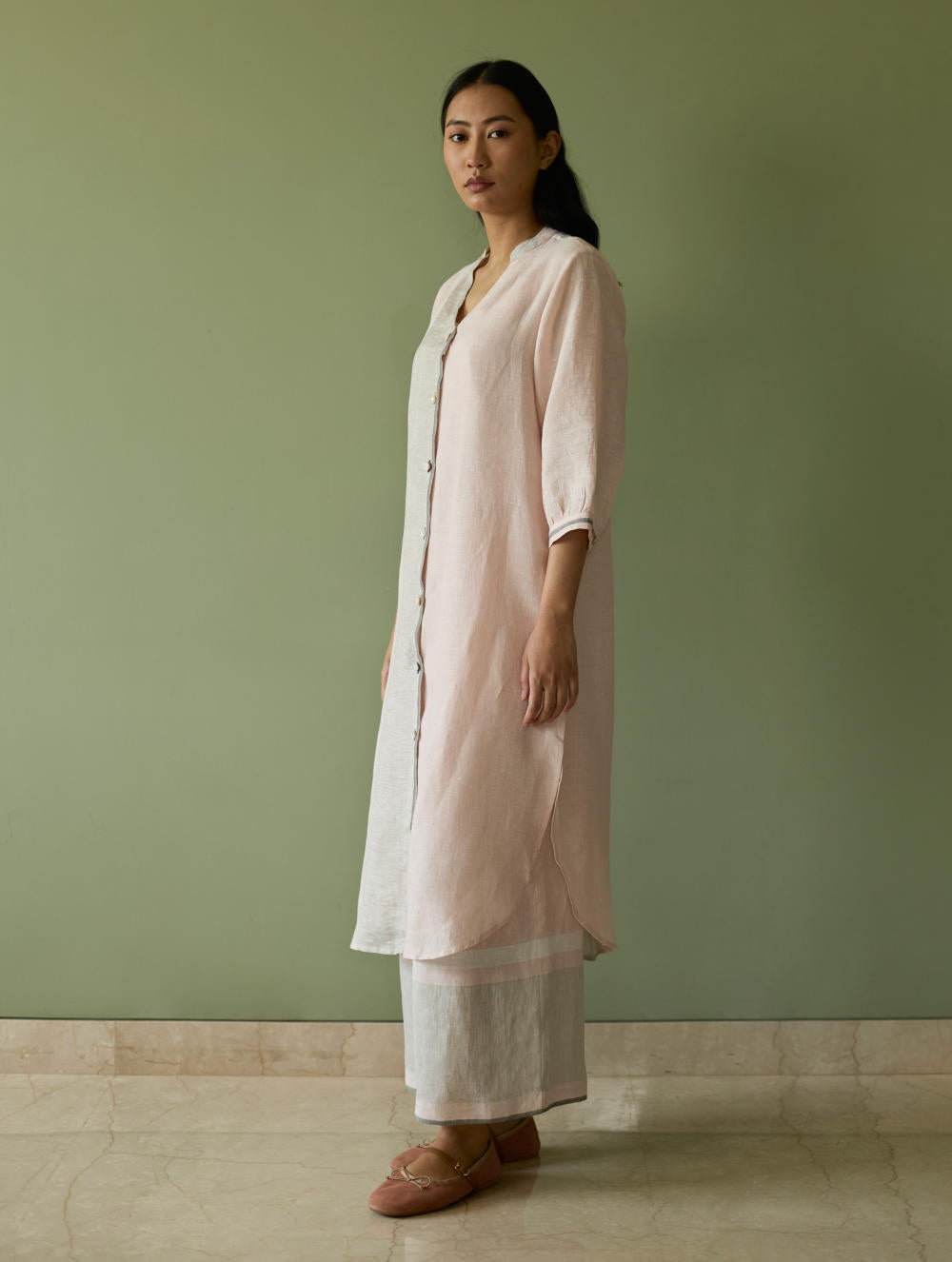 Mori Border Linen Shirt Kurta-Blush