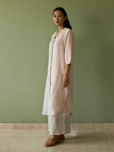 Mori Border Linen Shirt Kurta-Blush