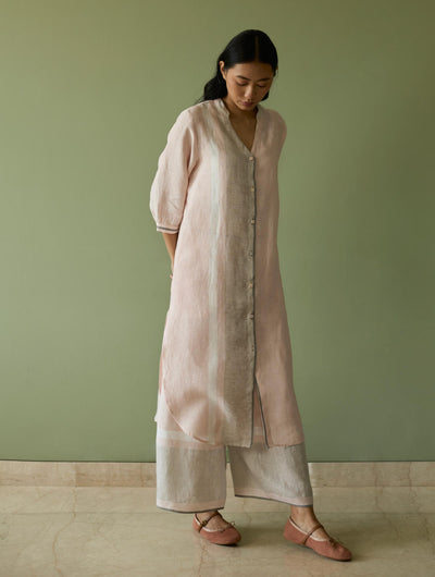 Mori Border Linen Shirt Kurta Set-Blush