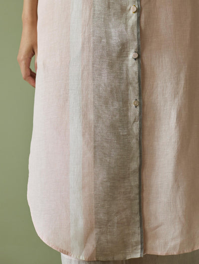 Mori Border Linen Shirt Kurta-Blush