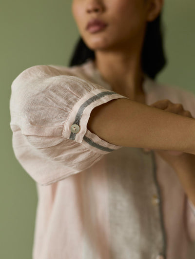 Mori Border Linen Shirt Kurta-Blush