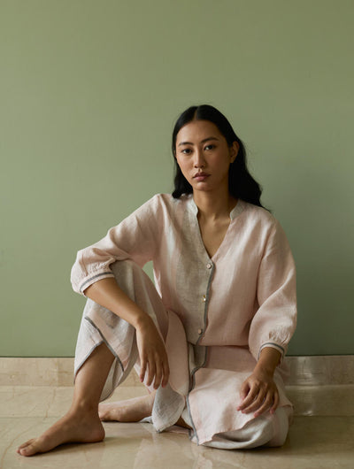 Mori Border Linen Shirt Kurta Set-Blush