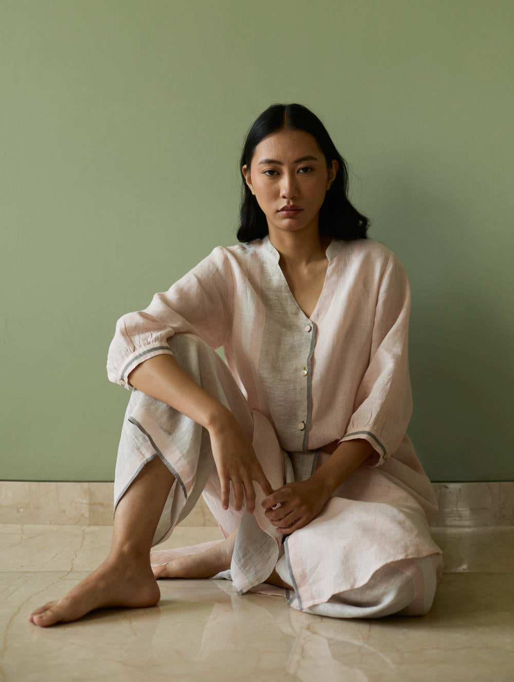 Mori Border Linen Shirt Kurta-Blush