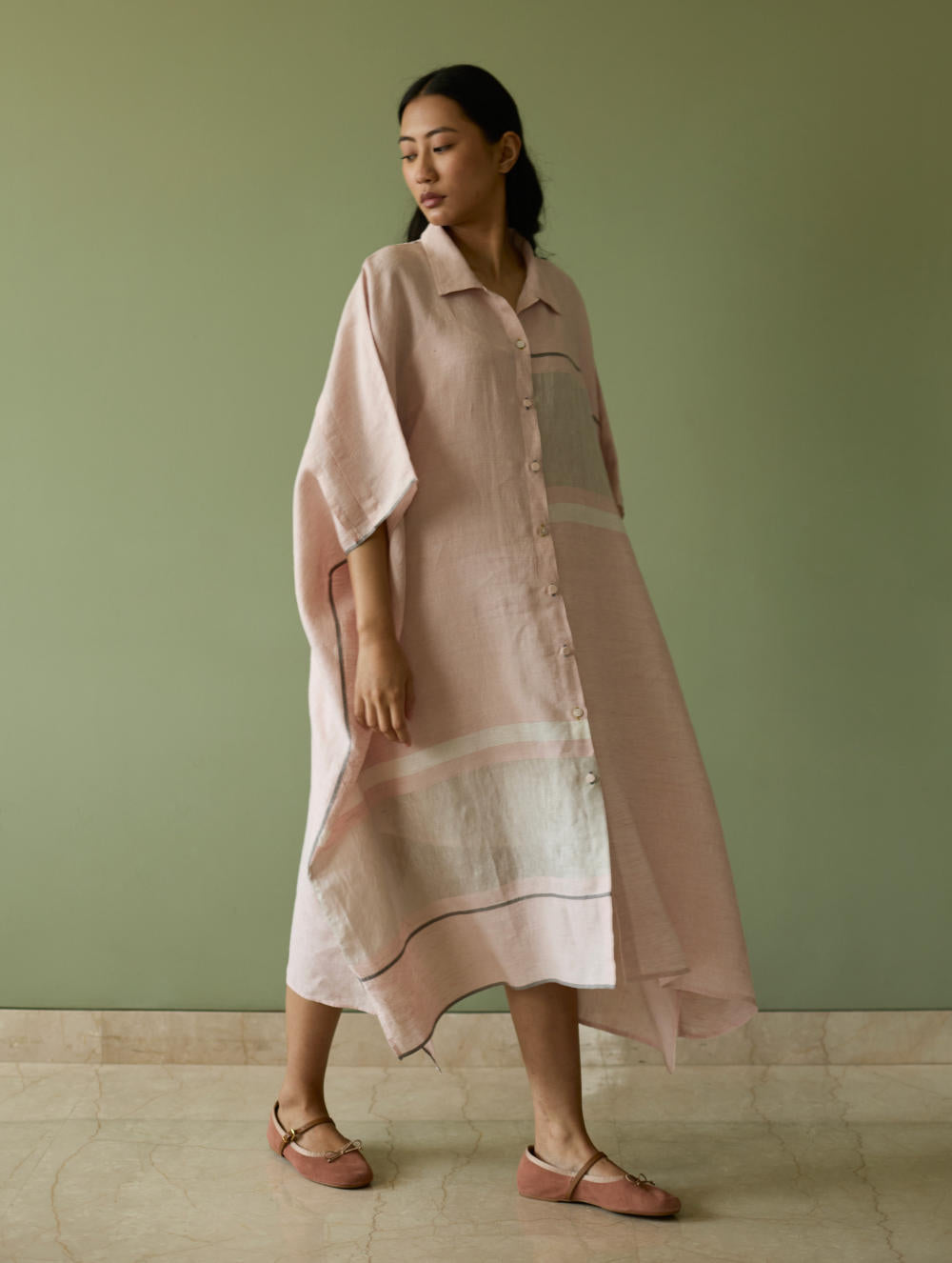 Bora Colour-Blocked Linen Kaftan Set-Blush