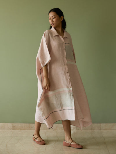 Bora Colour-Blocked Linen Kaftan Set-Blush