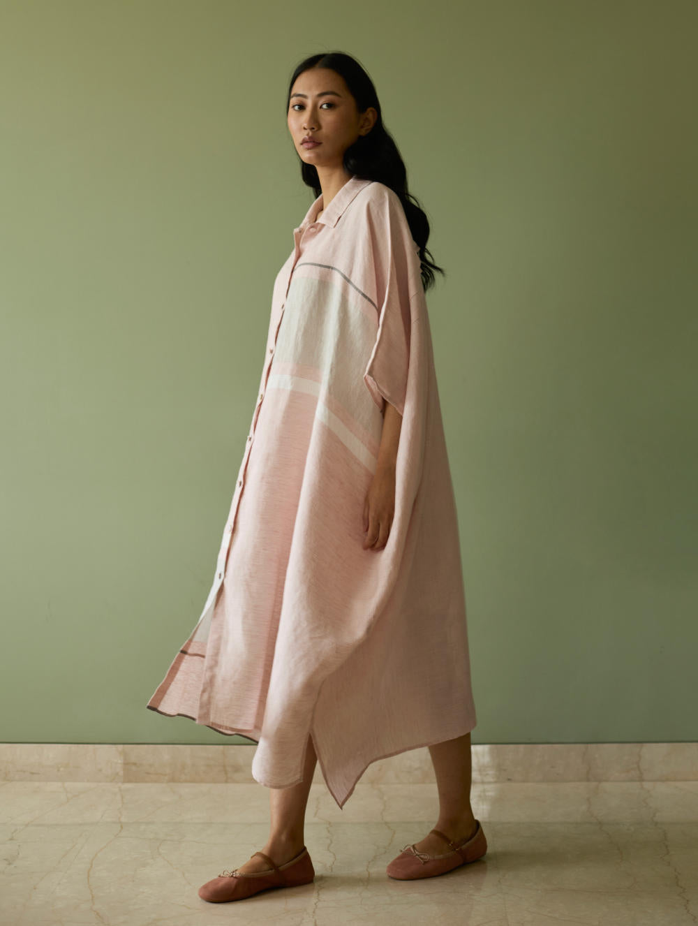 Bora Colour-Blocked Linen Kaftan Set-Blush