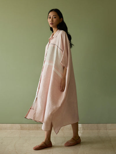 Bora Colour-Blocked Linen Kaftan Set-Blush