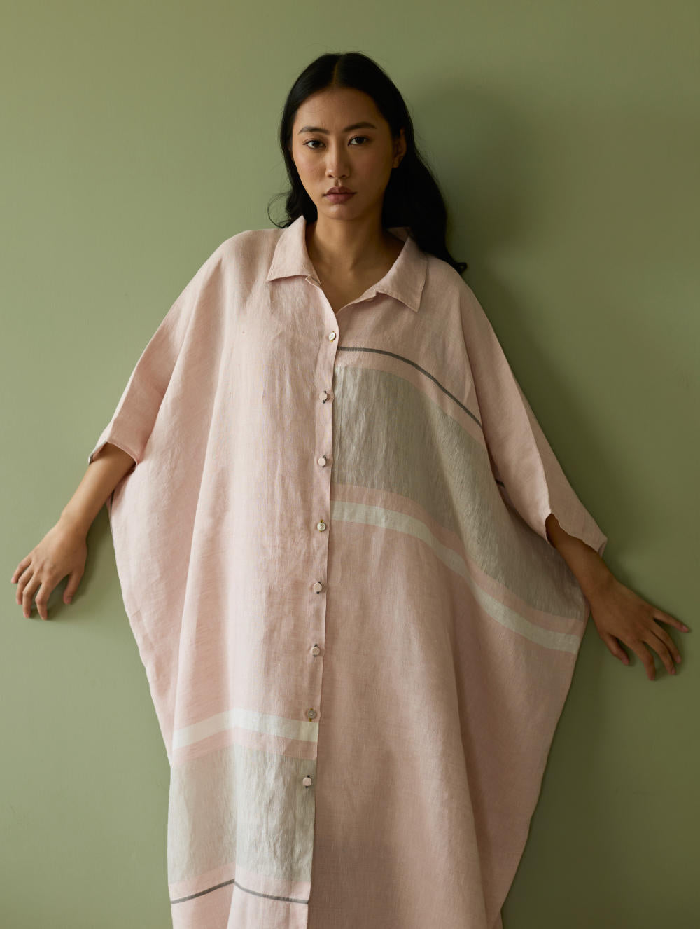 Bora Colour-Blocked Linen Kaftan Set-Blush