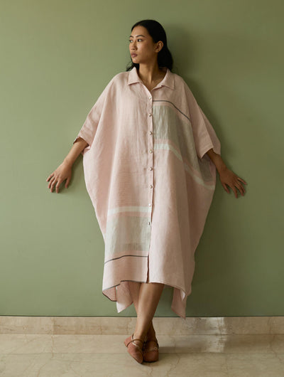 Bora Colour-Blocked Linen Kaftan Set-Blush
