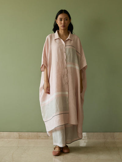 Bora Colour-Blocked Linen Kaftan Set-Blush
