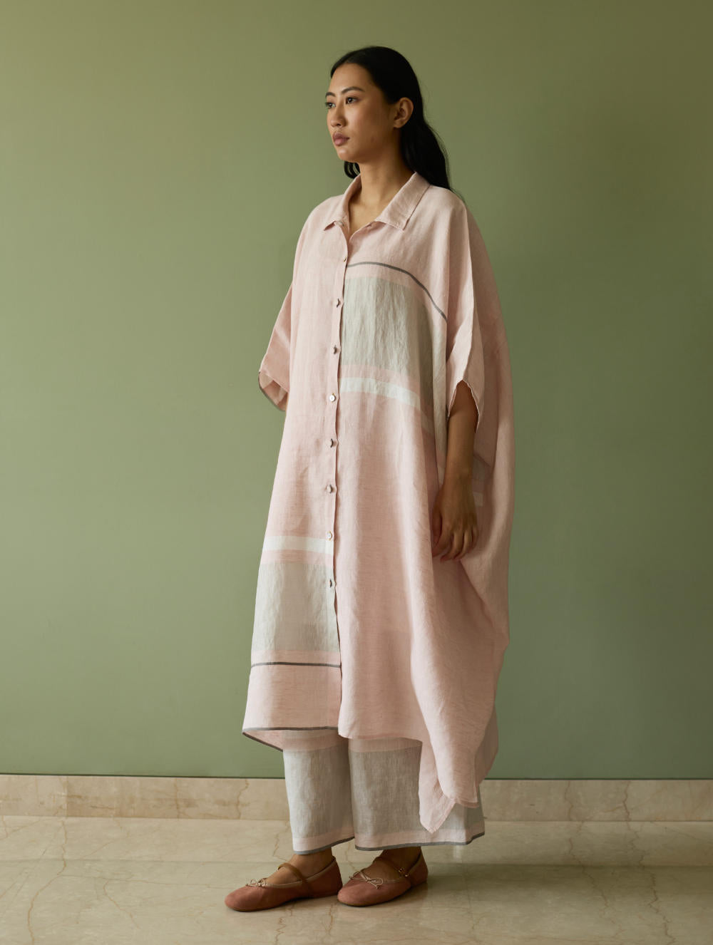 Bora Colour-Blocked Linen Kaftan Set-Blush