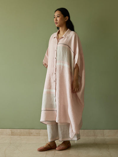 Bora Colour-Blocked Linen Kaftan Set-Blush