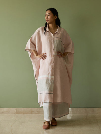 Bora Colour-Blocked Linen Kaftan Set-Blush