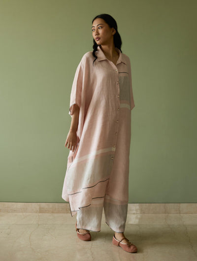 Bora Colour-Blocked Linen Kaftan Set-Blush