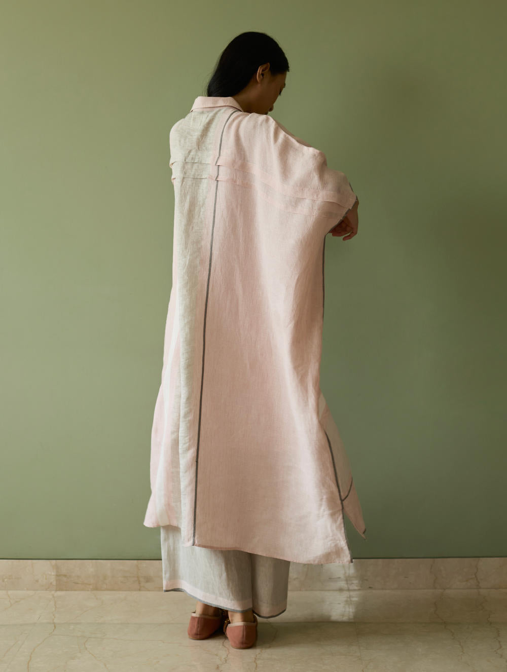 Bora Colour-Blocked Linen Kaftan Set-Blush