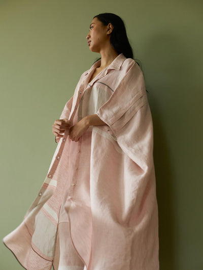 Bora Colour-Blocked Linen Kaftan Set-Blush