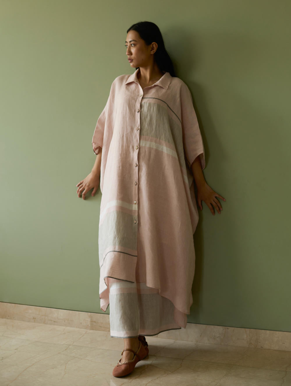Bora Colour-Blocked Linen Kaftan Set-Blush