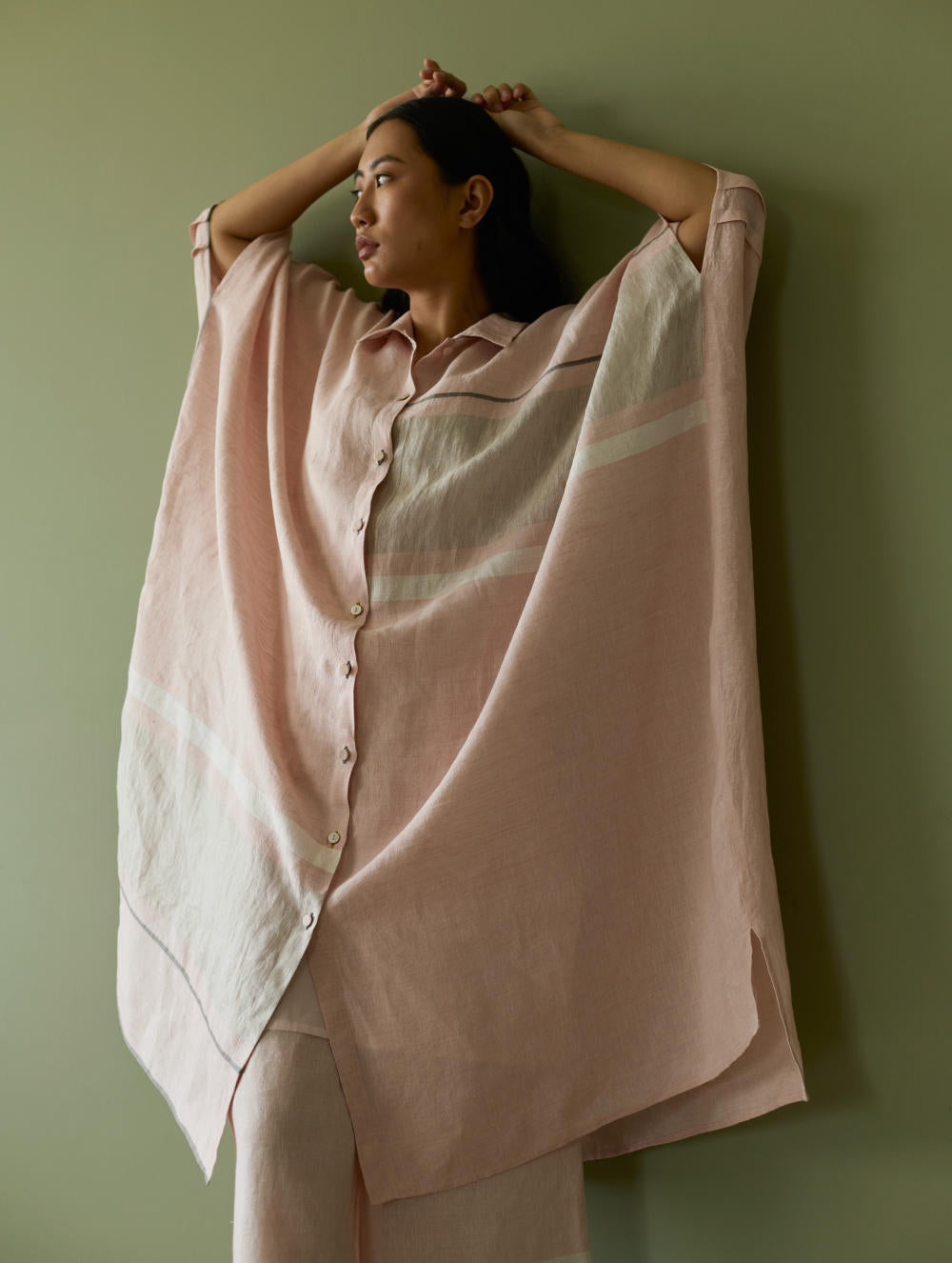 Bora Colour-Blocked Linen Kaftan Set-Blush