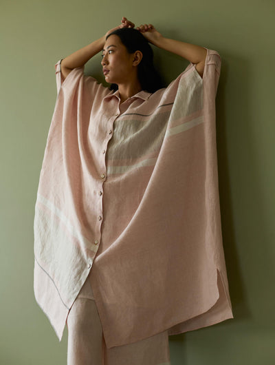 Bora Colour-Blocked Linen Kaftan Set-Blush