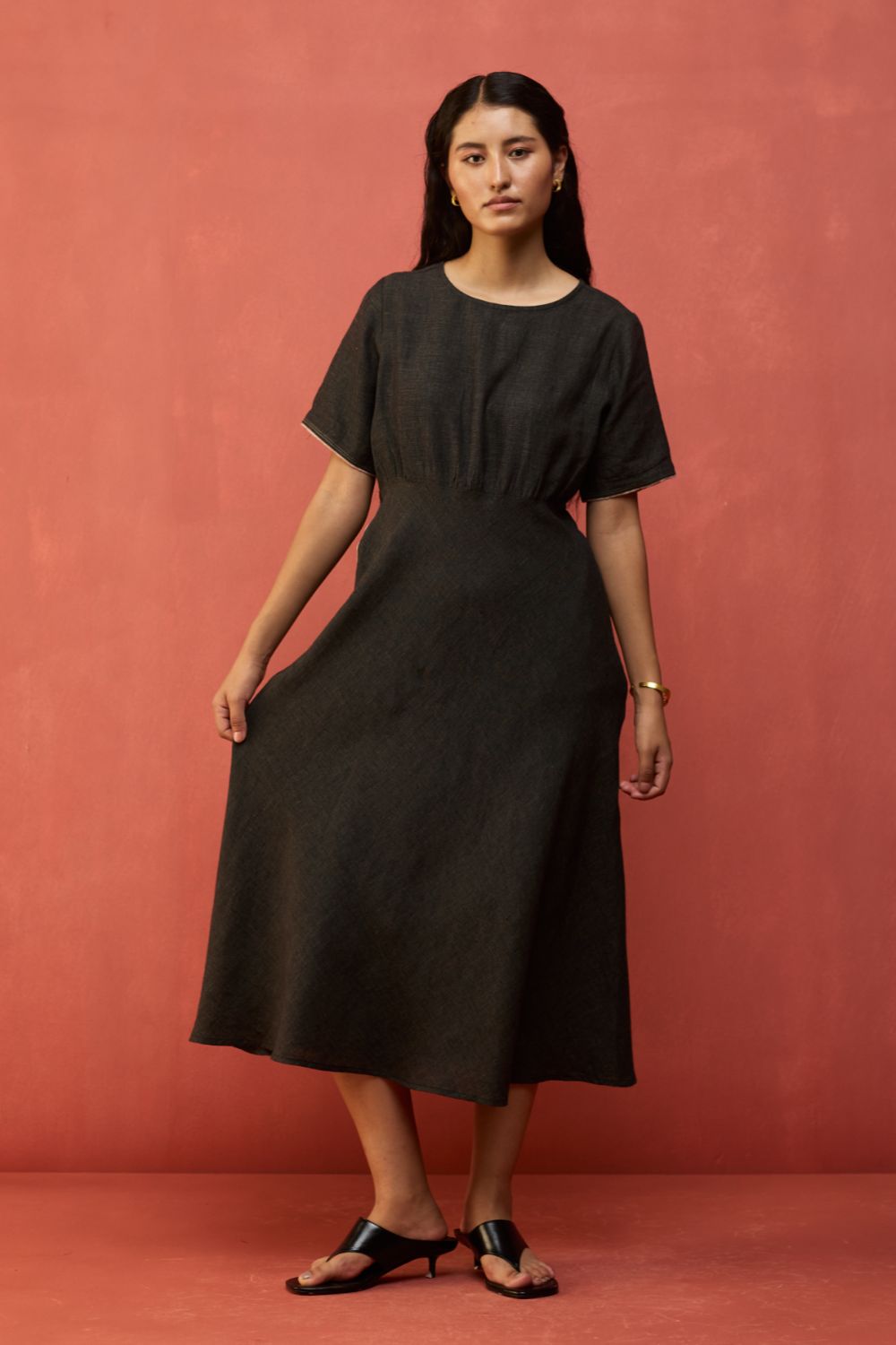 Fumi Bias Skirt Stripe Linen Dress - Charcoal