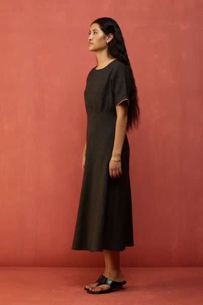 Fumi Bias Skirt Stripe Linen Dress - Charcoal