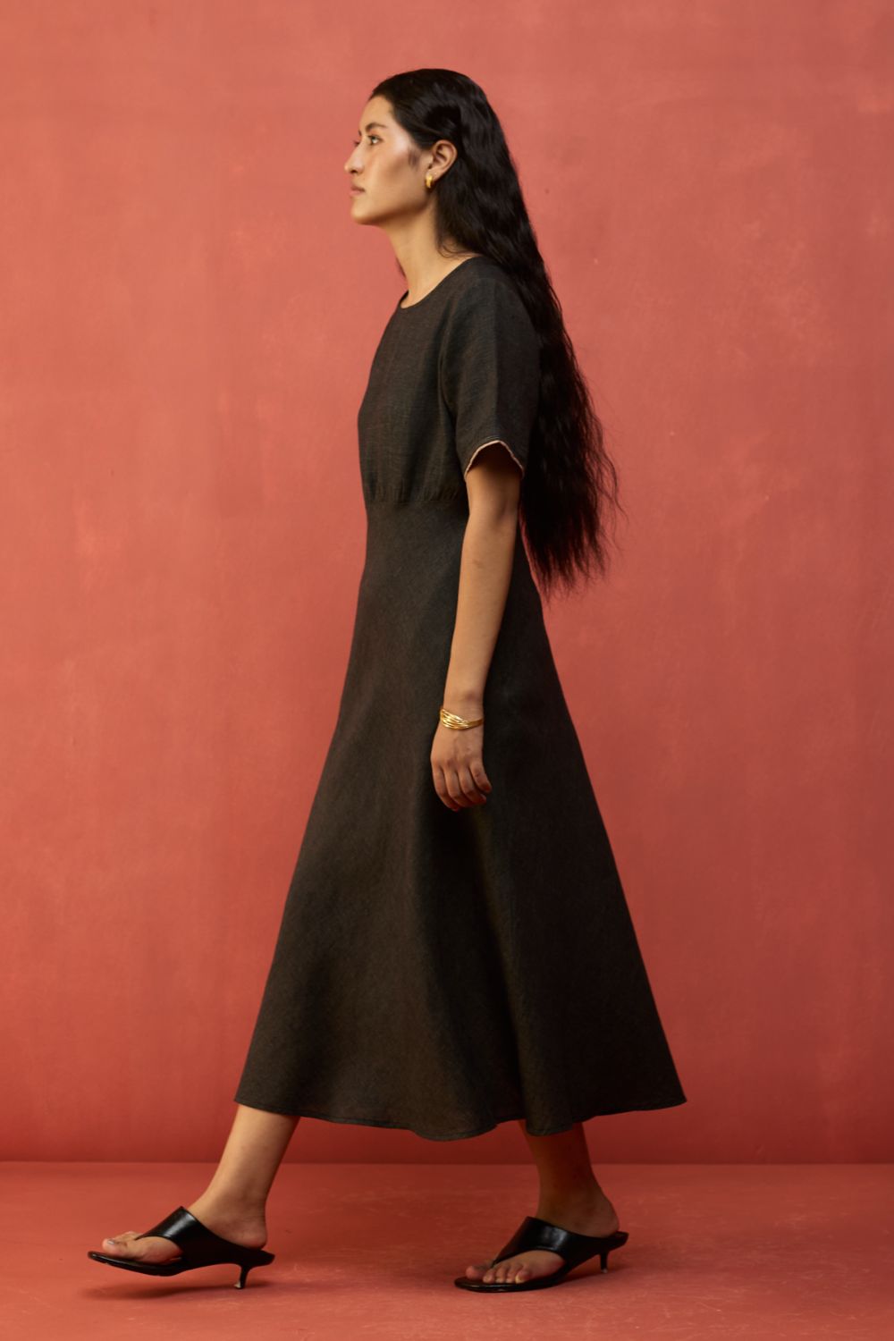 Fumi Bias Skirt Stripe Linen Dress - Charcoal