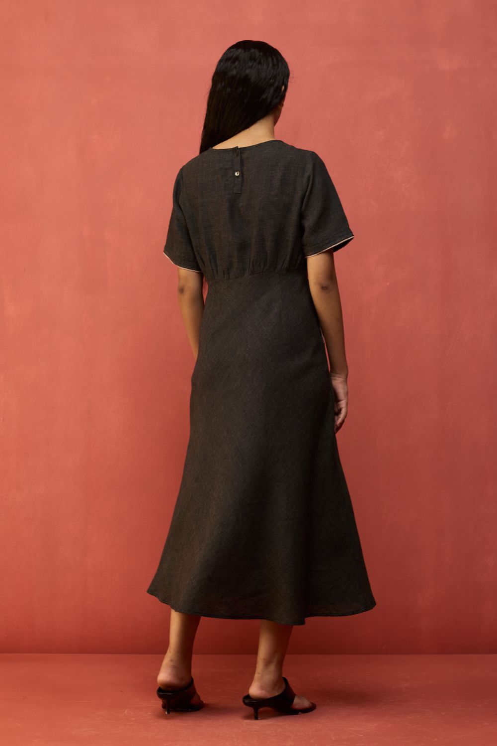 Fumi Bias Skirt Stripe Linen Dress - Charcoal
