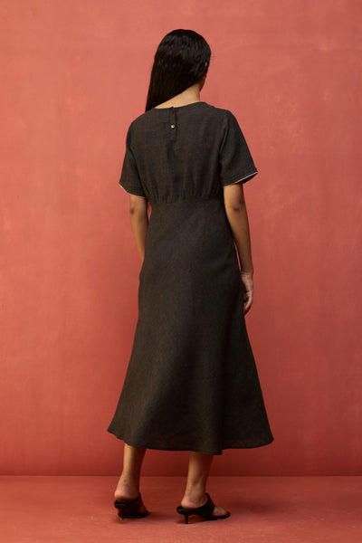 Fumi Bias Skirt Stripe Linen Dress - Charcoal