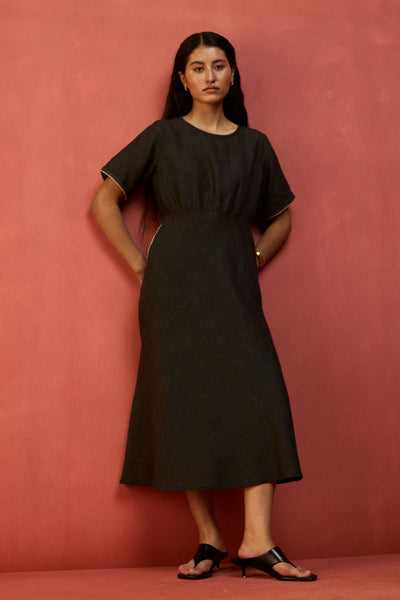 Fumi Bias Skirt Stripe Linen Dress - Charcoal