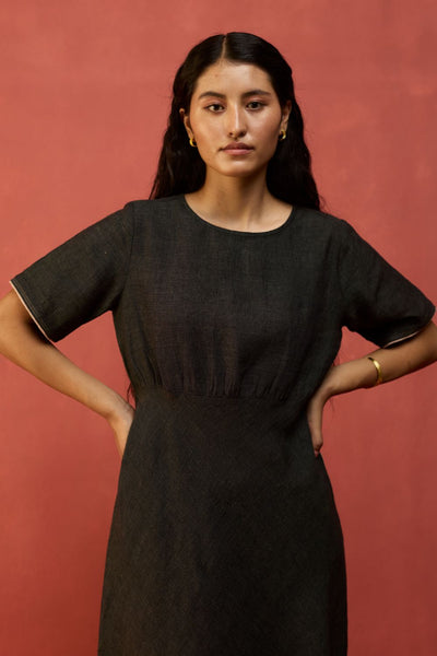 Fumi Bias Skirt Stripe Linen Dress - Charcoal