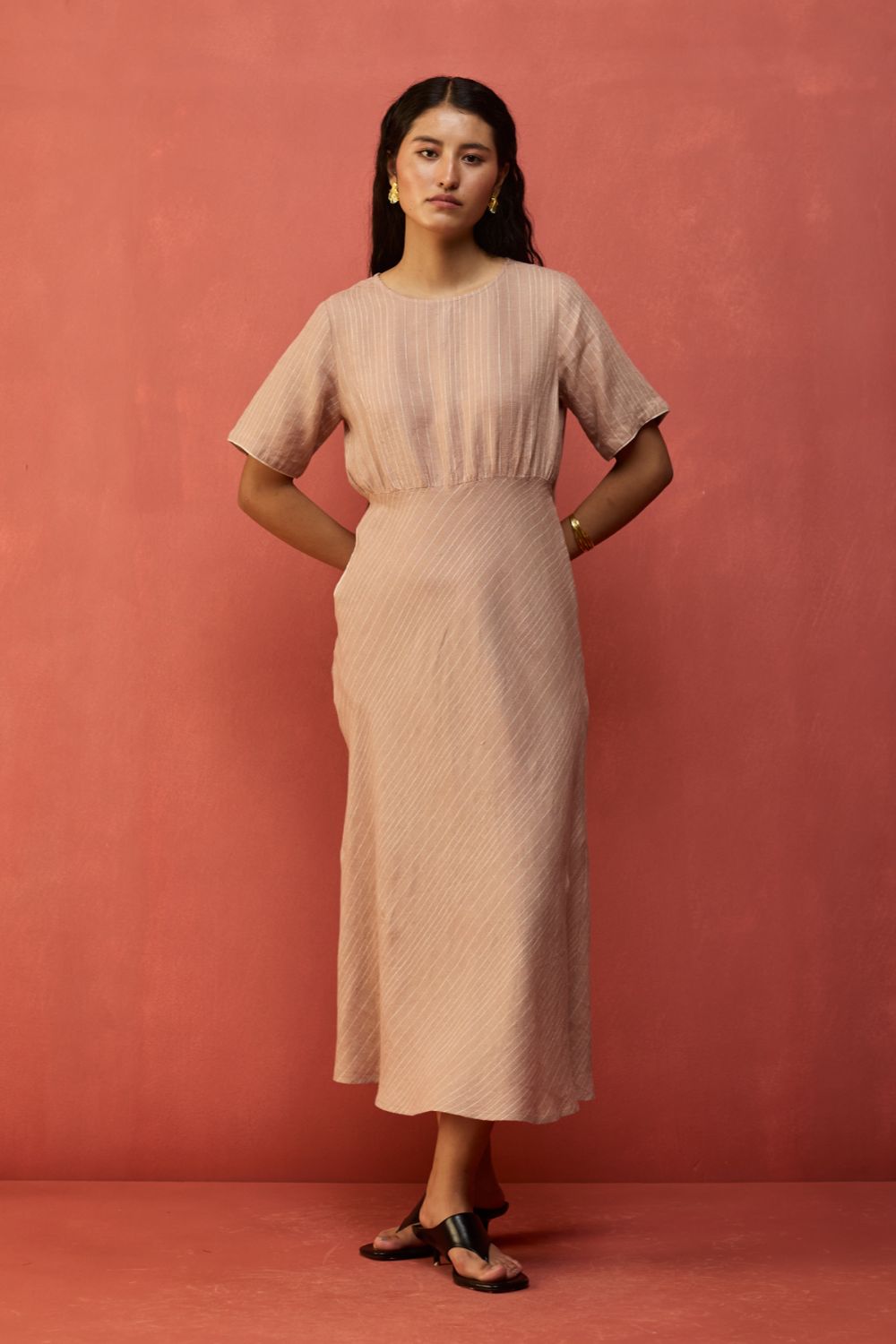 Fumi Bias Skirt Stripe Linen Dress - Dusty Rose