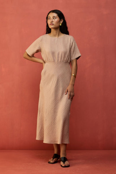 Fumi Bias Skirt Stripe Linen Dress - Dusty Rose
