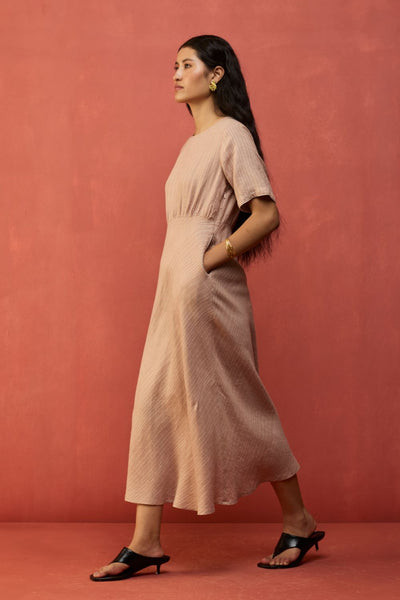 Fumi Bias Skirt Stripe Linen Dress - Dusty Rose