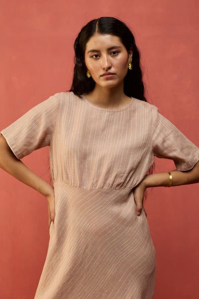 Fumi Bias Skirt Stripe Linen Dress - Dusty Rose