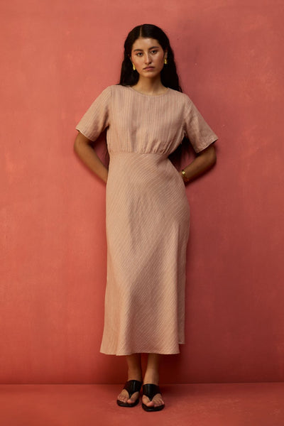 Fumi Bias Skirt Stripe Linen Dress - Dusty Rose