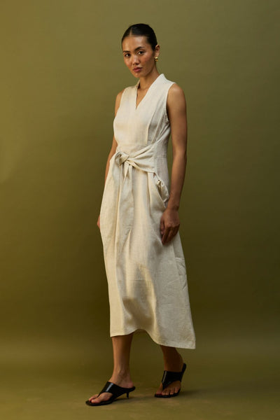 Tako Sleeveless Linen Knot Dress - Off White