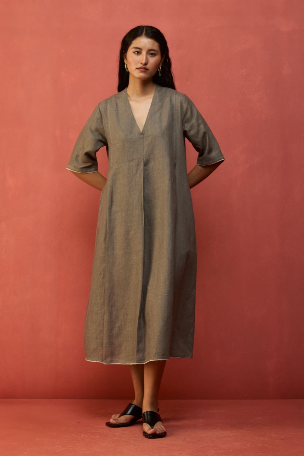 Maki Pleated Linen Dress - Grey