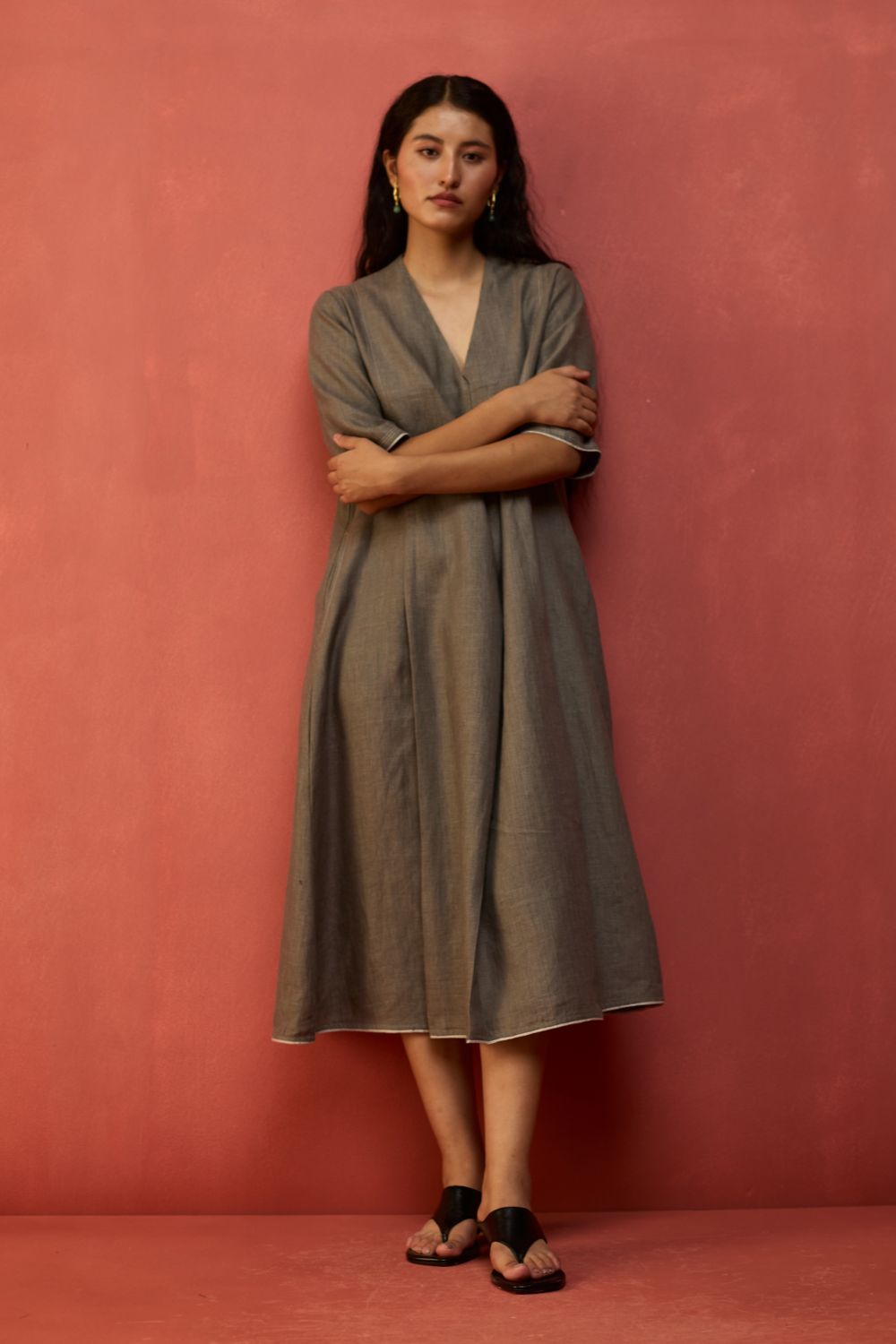 Maki Pleated Linen Dress - Grey