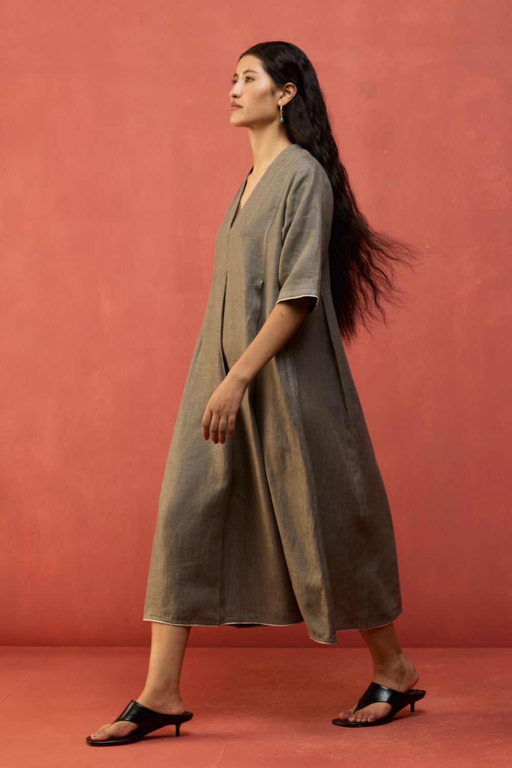Maki Pleated Linen Dress - Grey