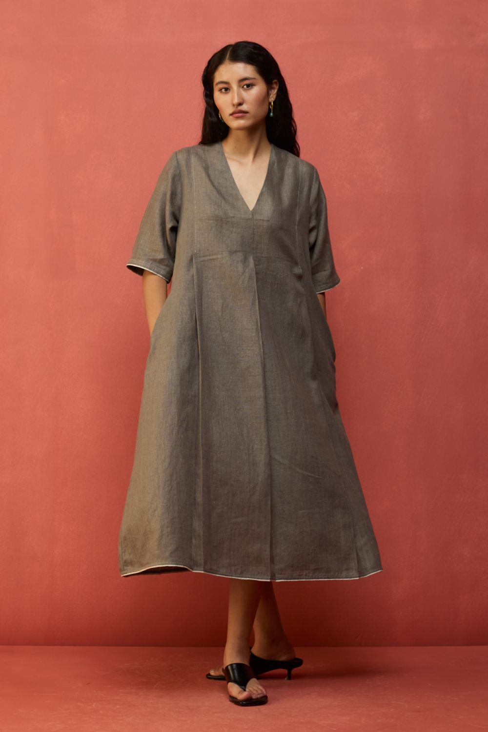 Maki Pleated Linen Dress - Grey