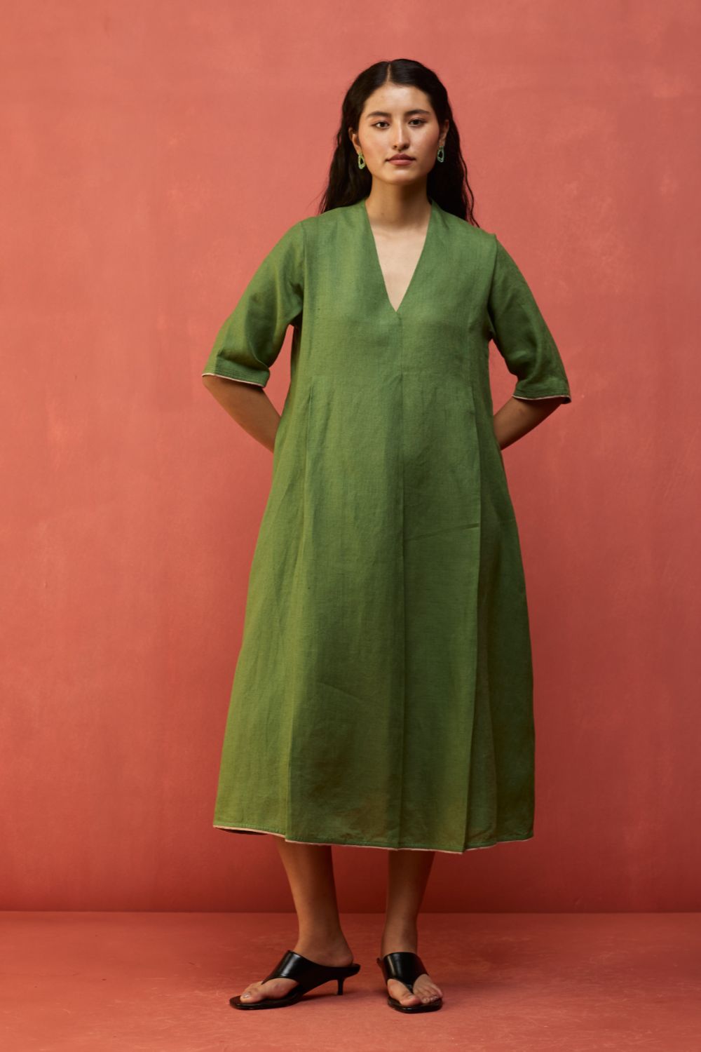 Maki Pleated Linen Dress - Fern Green